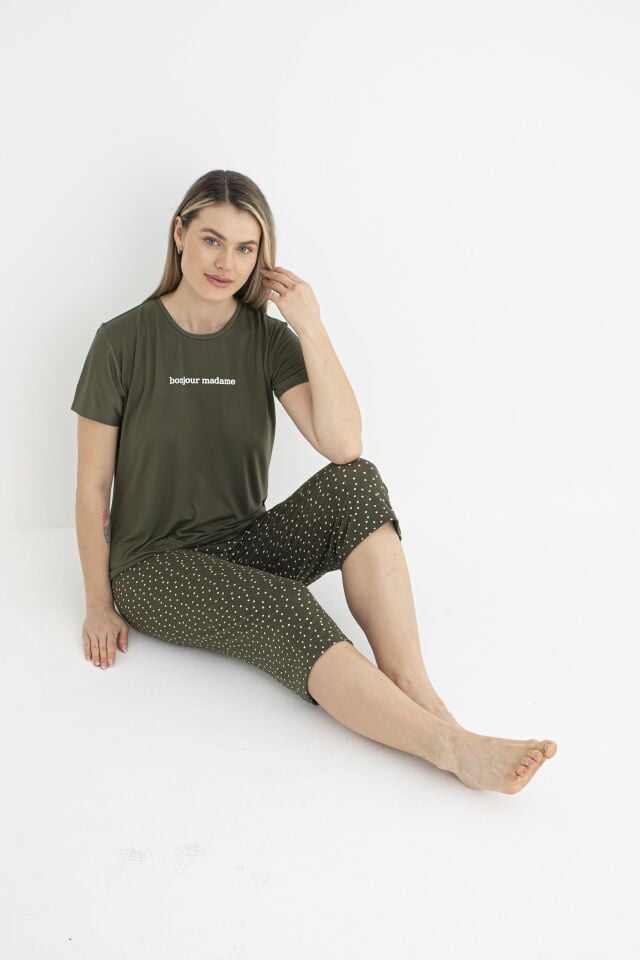 Kadın Yazlık Puantiyeli Kısa Kollu Kaprili Soft Pijama Takımı - Yeşil