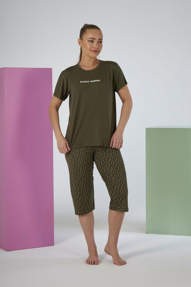Kadın Yazlık Puantiyeli Kısa Kollu Kaprili Soft Pijama Takımı - Yeşil
