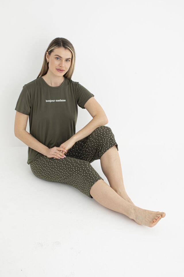 Kadın Yazlık Puantiyeli Kısa Kollu Kaprili Soft Pijama Takımı - Yeşil