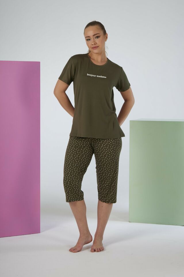 Kadın Yazlık Puantiyeli Kısa Kollu Kaprili Soft Pijama Takımı - Yeşil