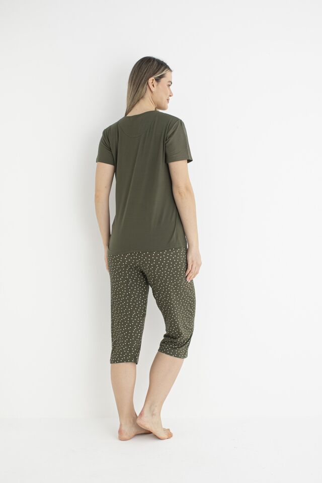 Kadın Yazlık Puantiyeli Kısa Kollu Kaprili Soft Pijama Takımı - Yeşil