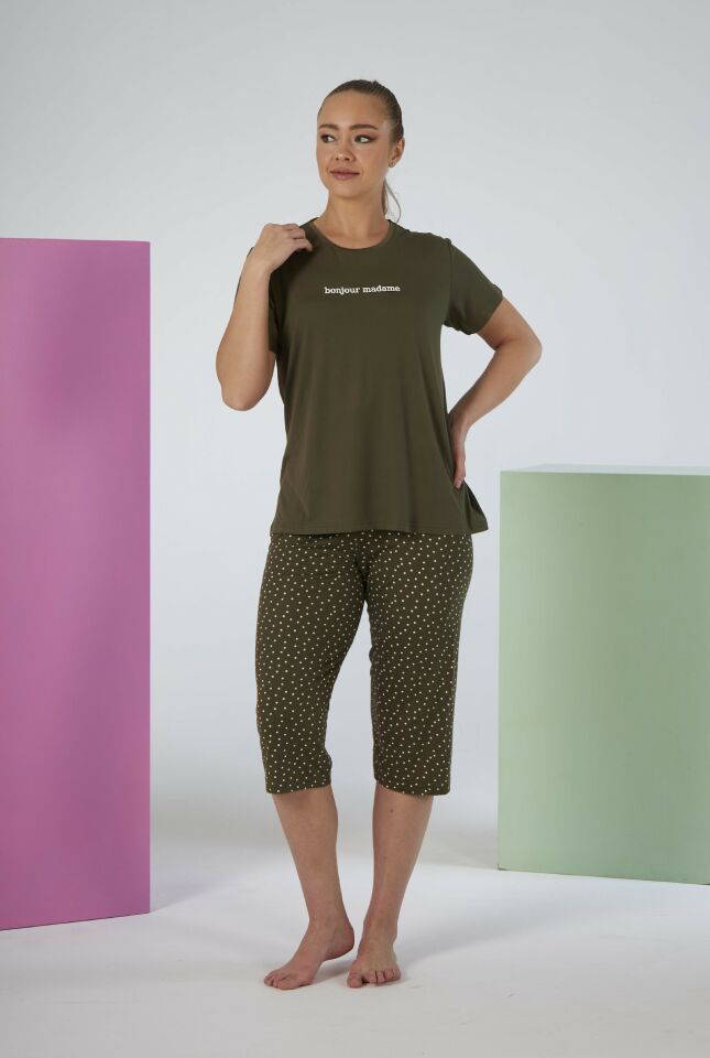 Kadın Yazlık Puantiyeli Kısa Kollu Kaprili Soft Pijama Takımı - Yeşil