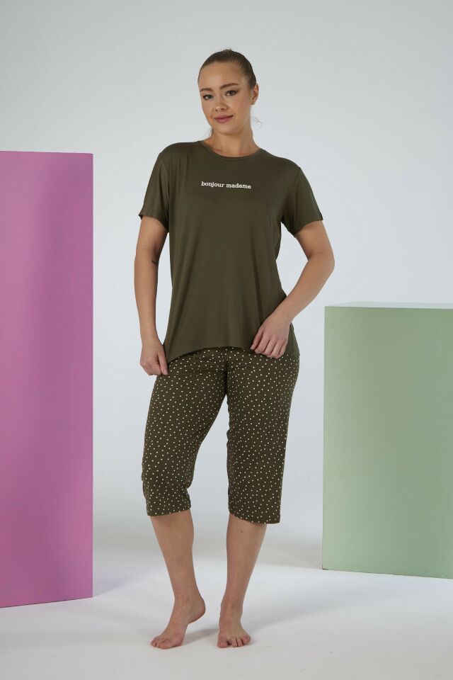 Kadın Yazlık Puantiyeli Kısa Kollu Kaprili Soft Pijama Takımı - Yeşil