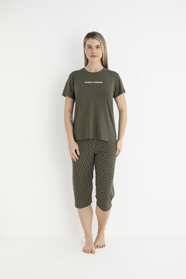 Kadın Yazlık Puantiyeli Kısa Kollu Kaprili Soft Pijama Takımı - Yeşil