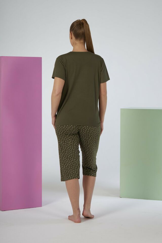 Kadın Yazlık Puantiyeli Kısa Kollu Kaprili Soft Pijama Takımı - Yeşil