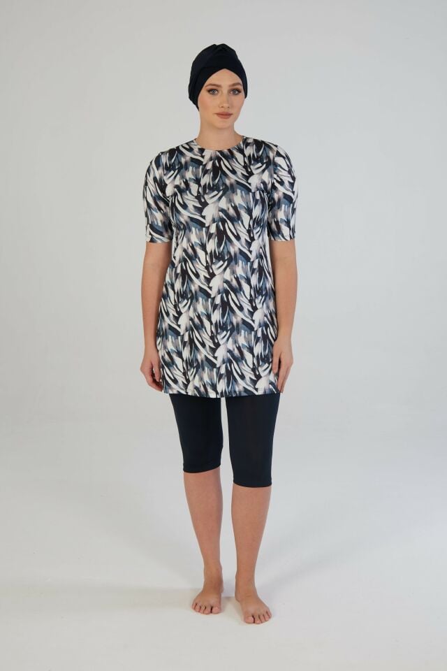 Estiva Botanik Desenli Kısa Kollu Taytlı Tesettür Mayo