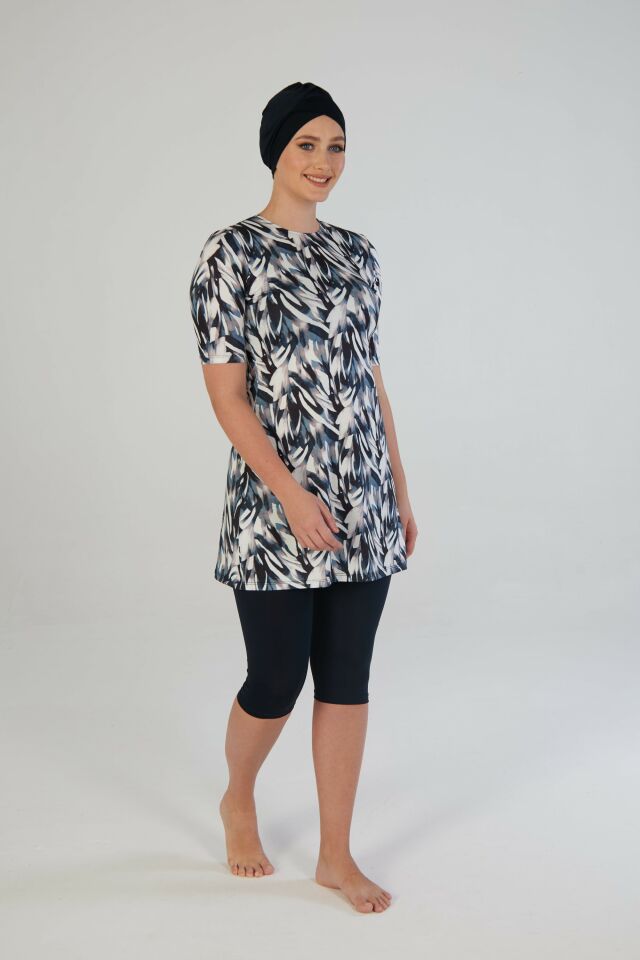 Estiva Botanik Desenli Kısa Kollu Taytlı Tesettür Mayo