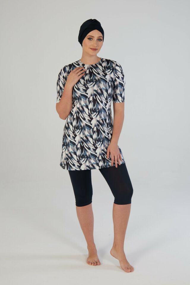 Estiva Botanik Desenli Kısa Kollu Taytlı Tesettür Mayo