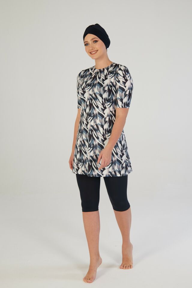 Estiva Botanik Desenli Kısa Kollu Taytlı Tesettür Mayo