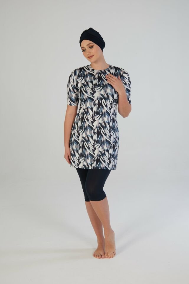 Estiva Botanik Desenli Kısa Kollu Taytlı Tesettür Mayo