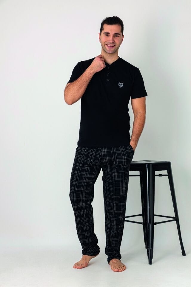 Estiva Erkek Kareli Alt Desenli Siyah Kısa Kollu Patlı Penye Pijama Takımı
