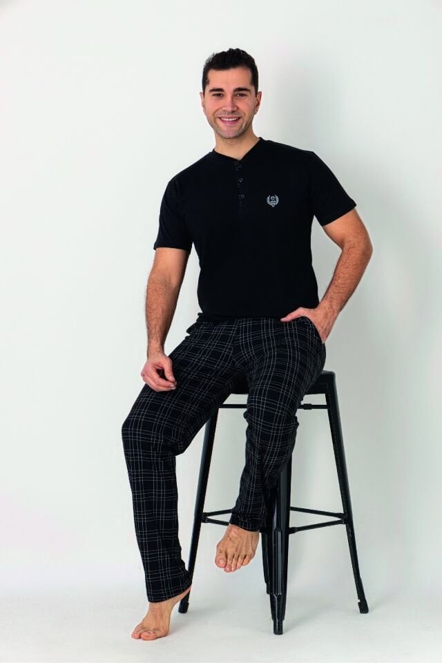 Estiva Erkek Kareli Alt Desenli Siyah Kısa Kollu Patlı Penye Pijama Takımı