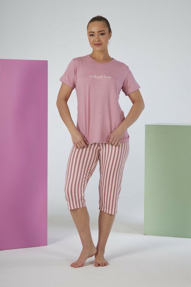 Kadın Yazlık Çizgili Kısa Kollu Kaprili Soft Pijama Takımı - Pembe