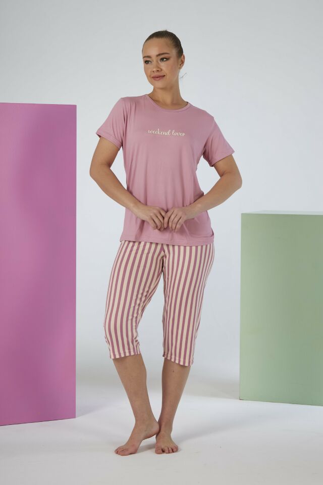 Kadın Yazlık Çizgili Kısa Kollu Kaprili Soft Pijama Takımı - Pembe