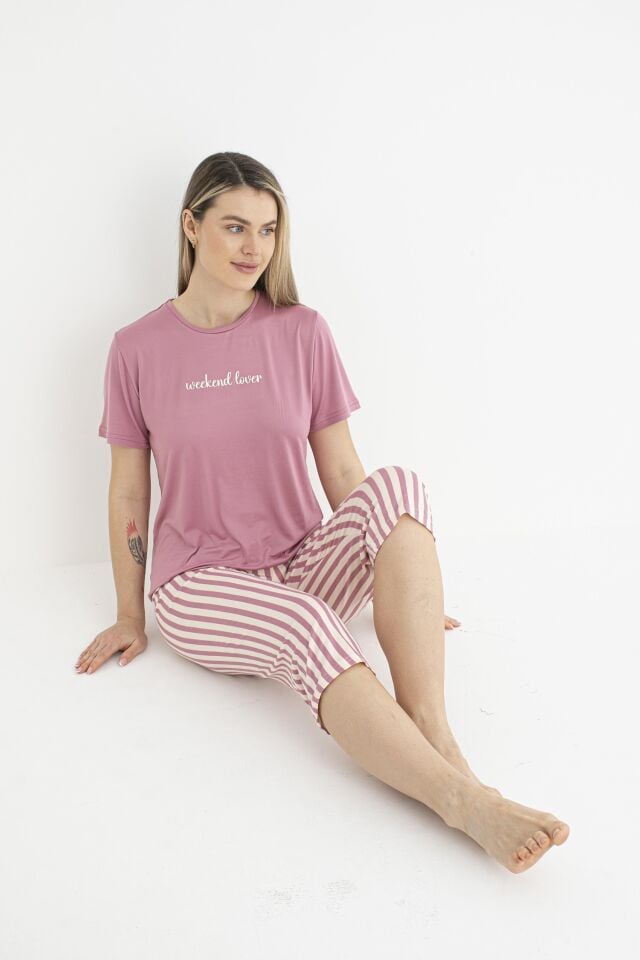 Kadın Yazlık Çizgili Kısa Kollu Kaprili Soft Pijama Takımı - Pembe