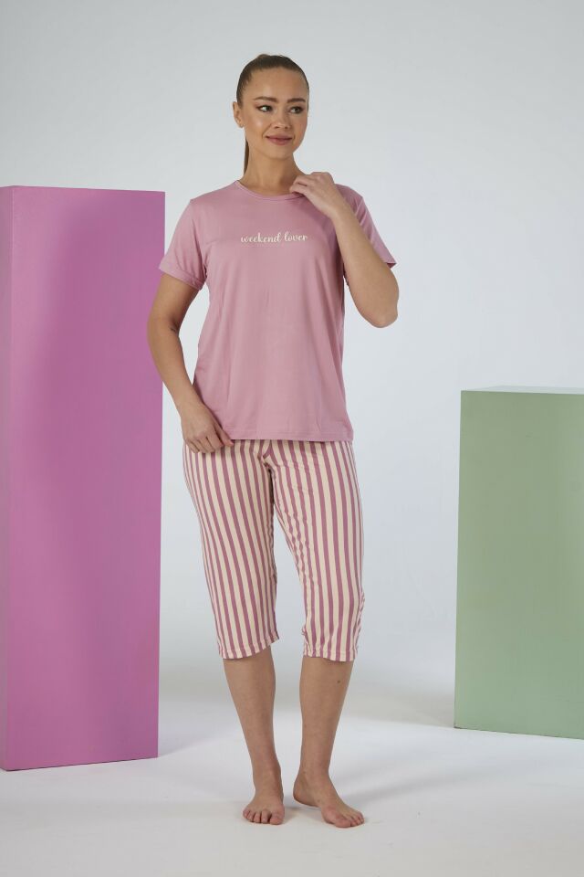 Kadın Yazlık Çizgili Kısa Kollu Kaprili Soft Pijama Takımı - Pembe