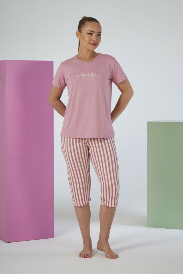 Kadın Yazlık Çizgili Kısa Kollu Kaprili Soft Pijama Takımı - Pembe