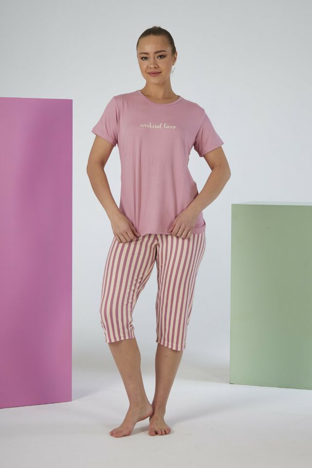 Kadın Yazlık Çizgili Kısa Kollu Kaprili Soft Pijama Takımı - Pembe