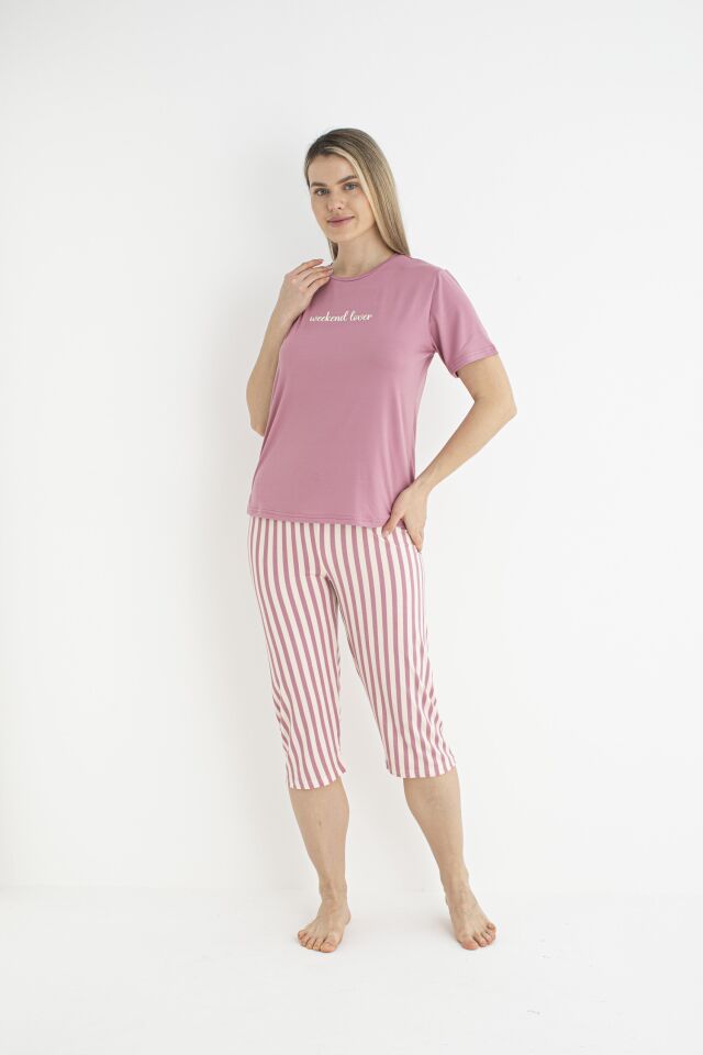 Kadın Yazlık Çizgili Kısa Kollu Kaprili Soft Pijama Takımı - Pembe
