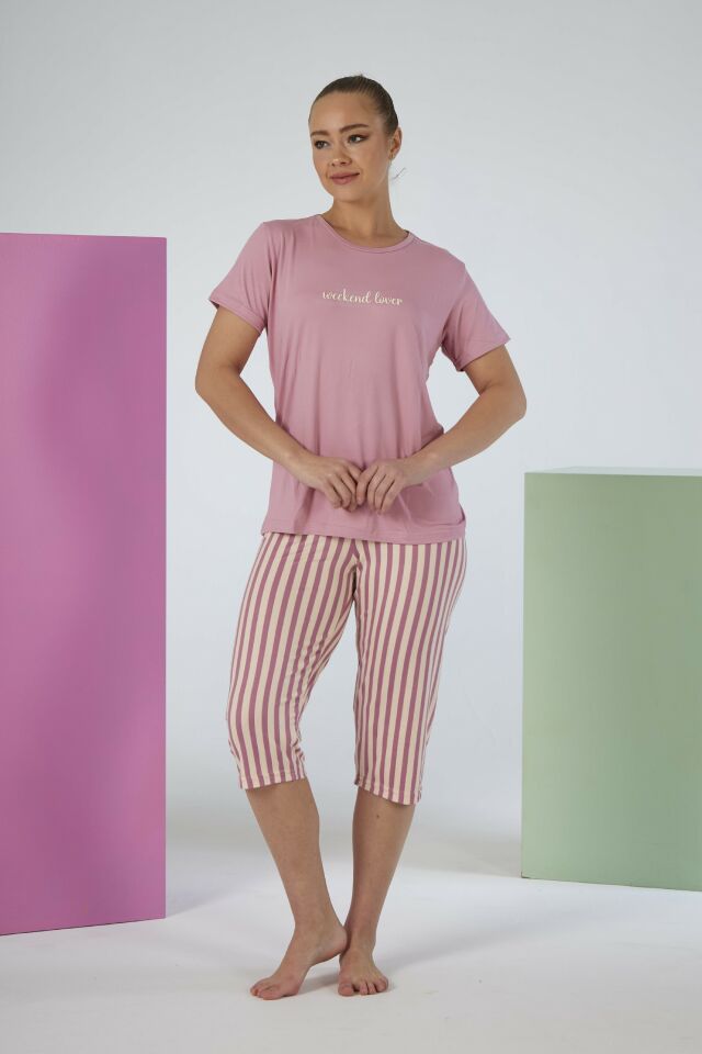 Kadın Yazlık Çizgili Kısa Kollu Kaprili Soft Pijama Takımı - Pembe