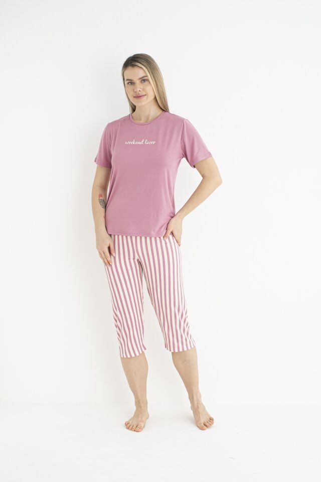 Kadın Yazlık Çizgili Kısa Kollu Kaprili Soft Pijama Takımı - Pembe