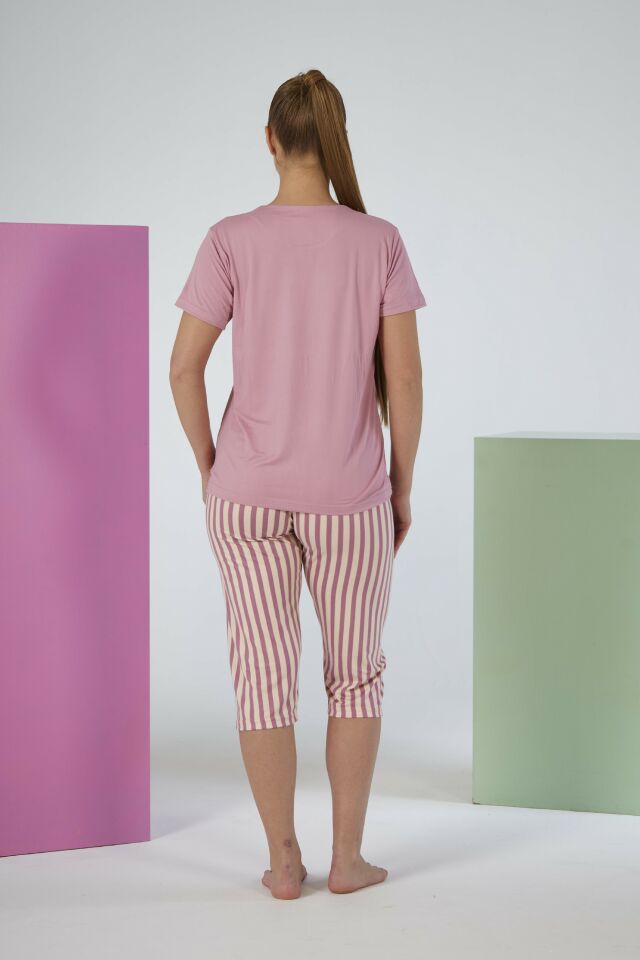 Kadın Yazlık Çizgili Kısa Kollu Kaprili Soft Pijama Takımı - Pembe
