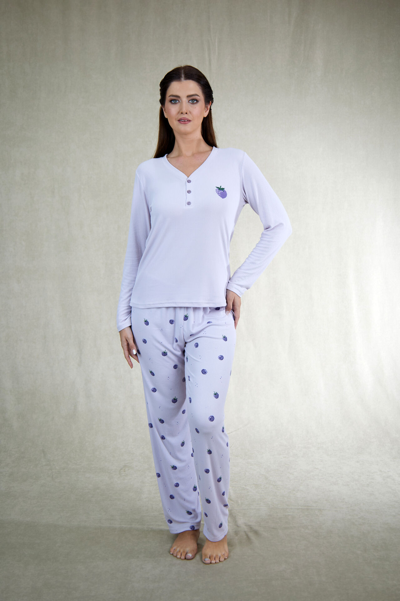 Estiva Kadın Frambuaz Desenli Lila Kaşkorse Pijama Takımı