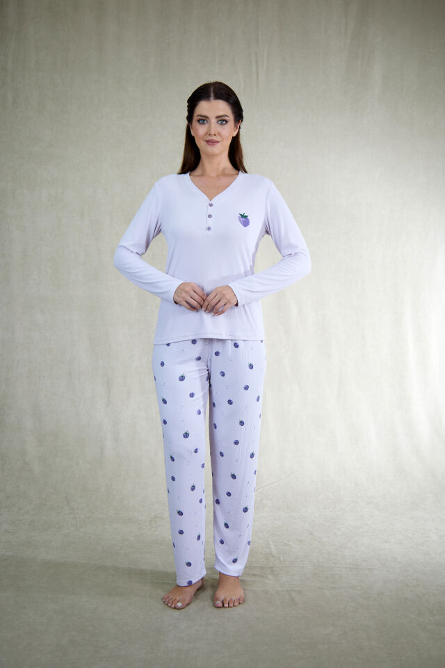 Estiva Kadın Frambuaz Desenli Lila Kaşkorse Pijama Takımı