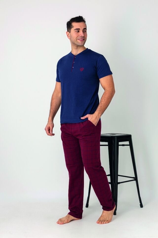 Estiva Erkek Kareli Alt Desenli Mavi Kırmızı Kısa Kollu Patlı Penye Pijama Takımı