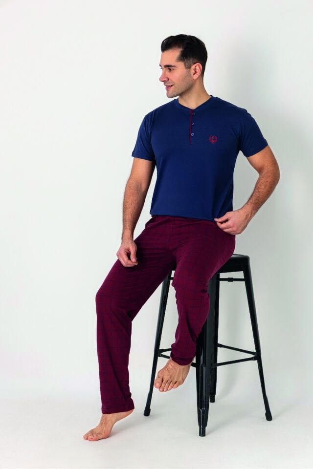 Estiva Erkek Kareli Alt Desenli Mavi Kırmızı Kısa Kollu Patlı Penye Pijama Takımı