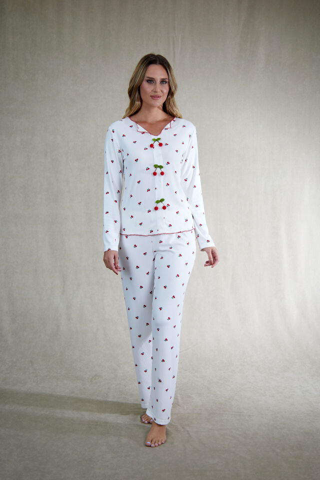 Estiva Kadın Kiraz Detaylı Beyaz Kırmızı Kaşkorse Pijama Takımı