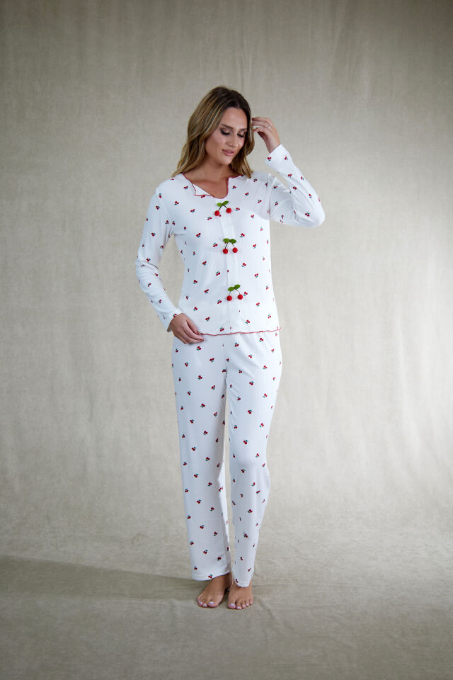 Estiva Kadın Kiraz Detaylı Beyaz Kırmızı Kaşkorse Pijama Takımı