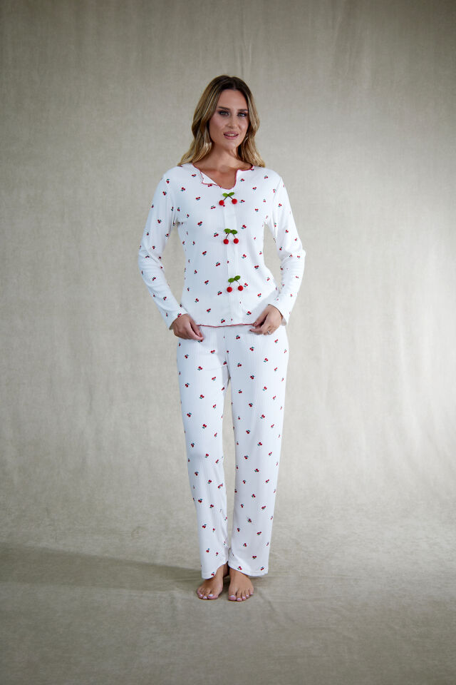 Estiva Kadın Kiraz Detaylı Beyaz Kırmızı Kaşkorse Pijama Takımı