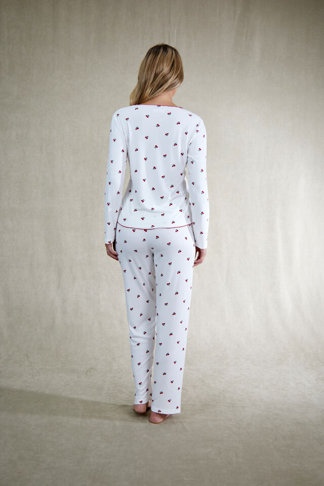 Estiva Kadın Kiraz Detaylı Beyaz Kırmızı Kaşkorse Pijama Takımı