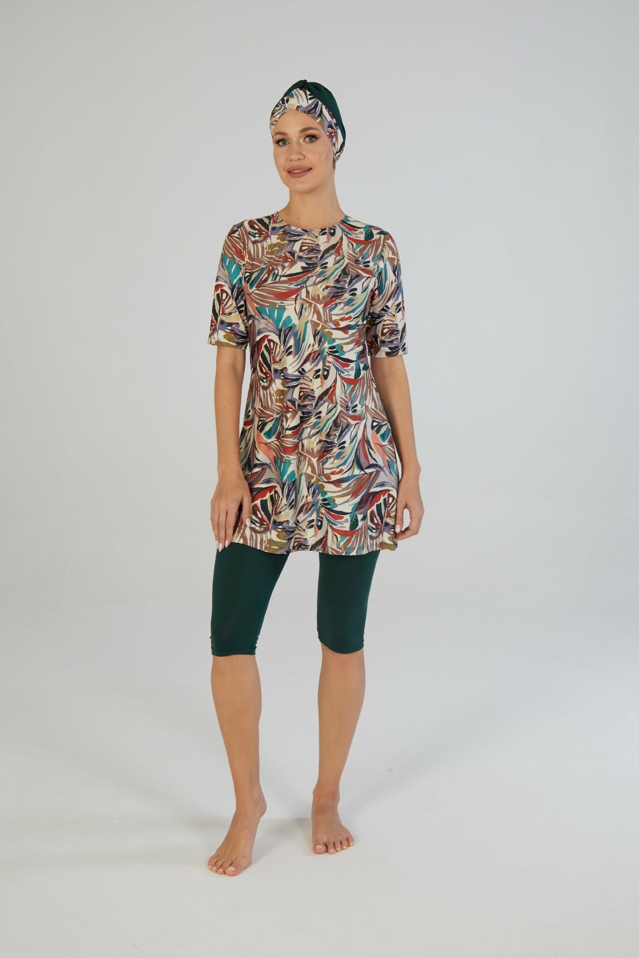 Estiva Leafy Desenli Kısa Kollu Taytlı Tesettür Mayo