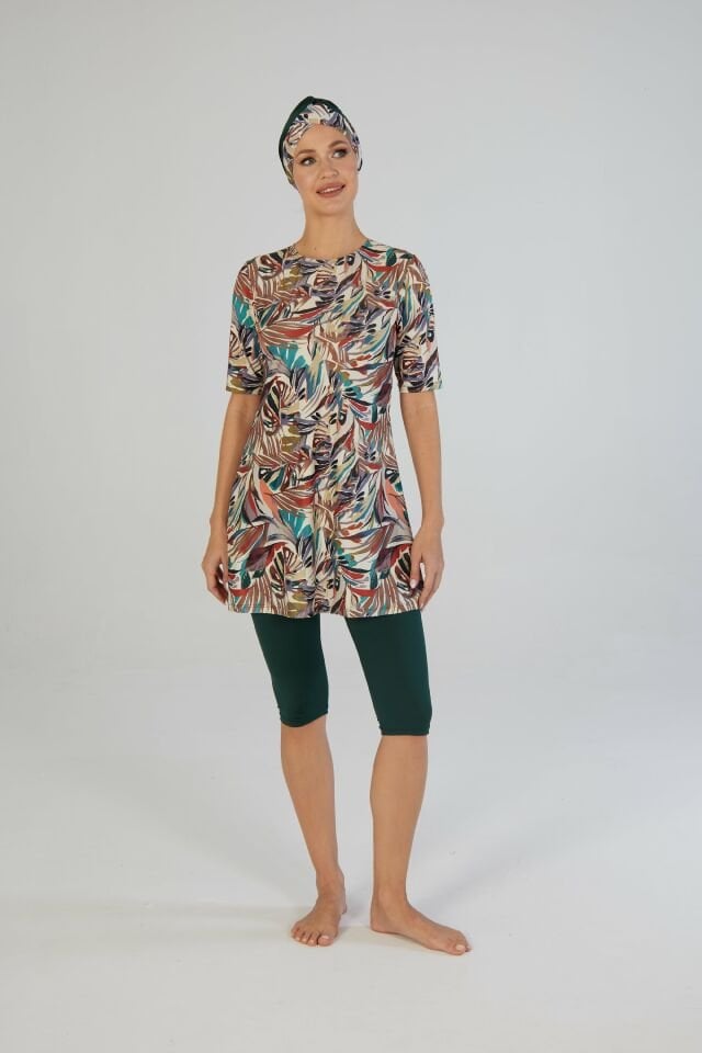 Estiva Leafy Desenli Kısa Kollu Taytlı Tesettür Mayo