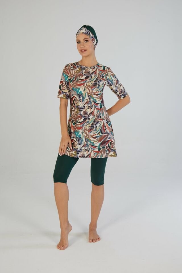 Estiva Leafy Desenli Kısa Kollu Taytlı Tesettür Mayo