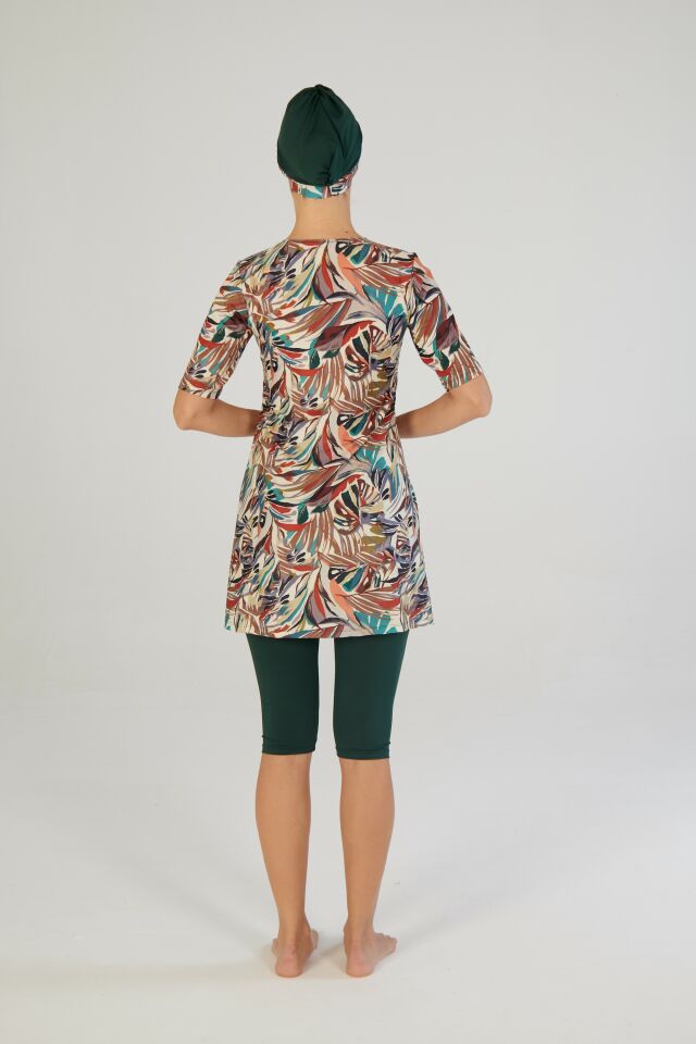 Estiva Leafy Desenli Kısa Kollu Taytlı Tesettür Mayo