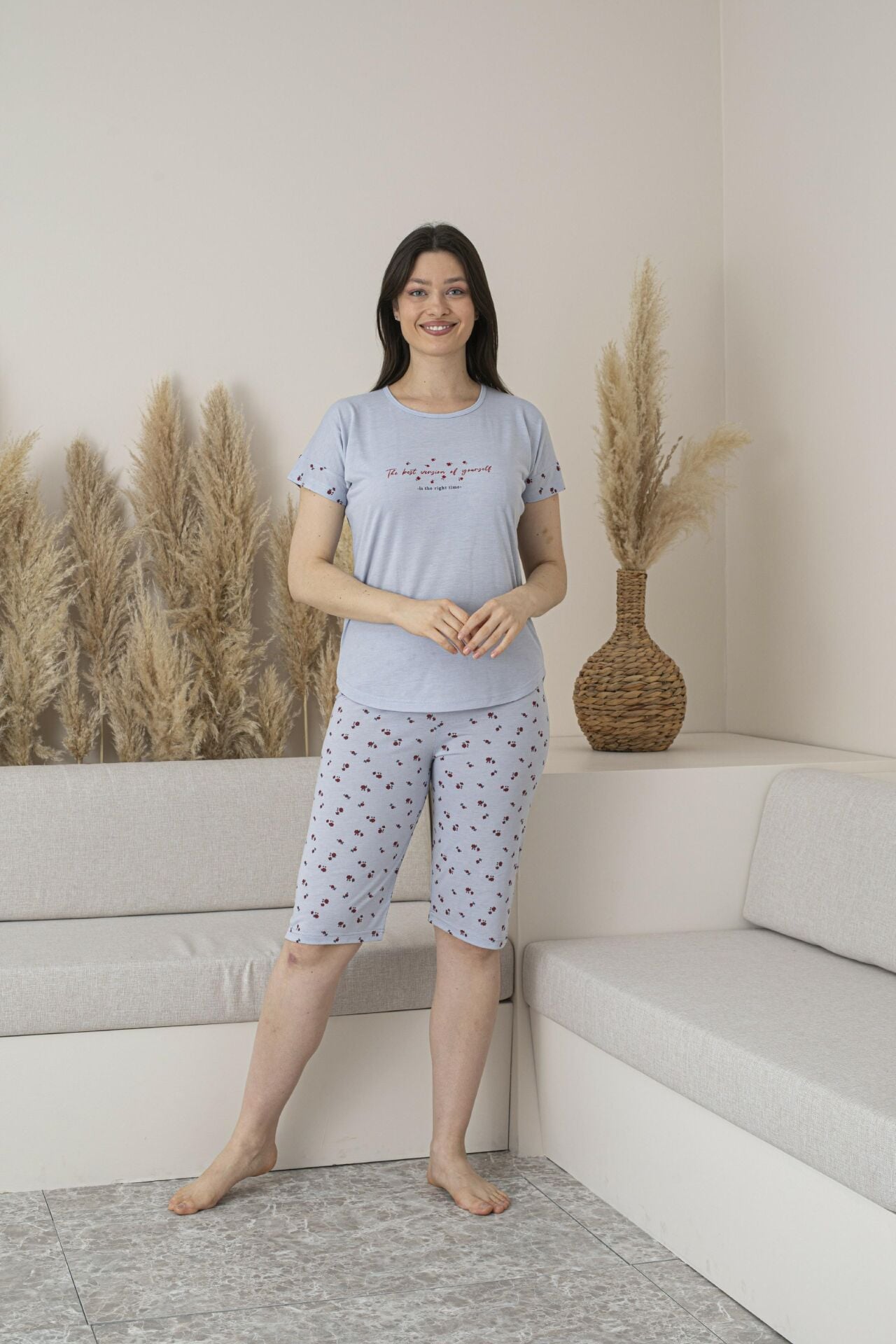 Kadın Yazlık Desenli Kısa Kollu Kaprili Viskon Pijama Takımı M - Gri