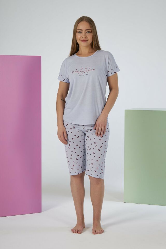 Kadın Yazlık Desenli Kısa Kollu Kaprili Viskon Pijama Takımı M - Gri