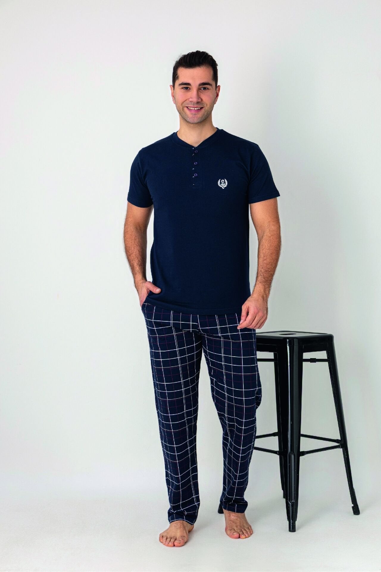 Estiva Erkek Kareli Alt Desenli Lacivert Kısa Kollu Patlı Penye Pijama Takımı