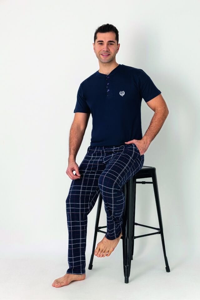 Estiva Erkek Kareli Alt Desenli Lacivert Kısa Kollu Patlı Penye Pijama Takımı