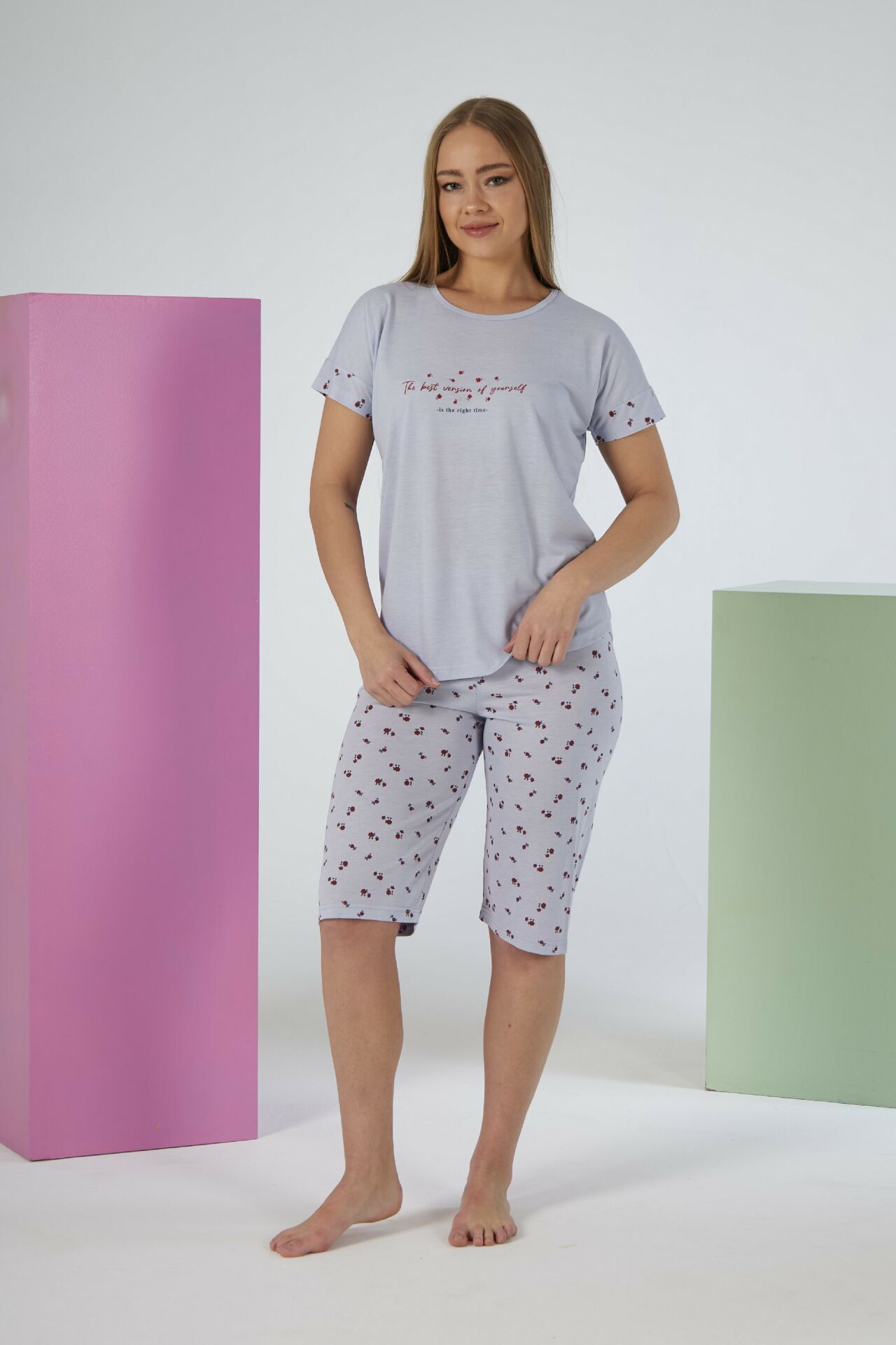Kadın Yazlık Desenli Kısa Kollu Kaprili Viskon Pijama Takımı L - Gri