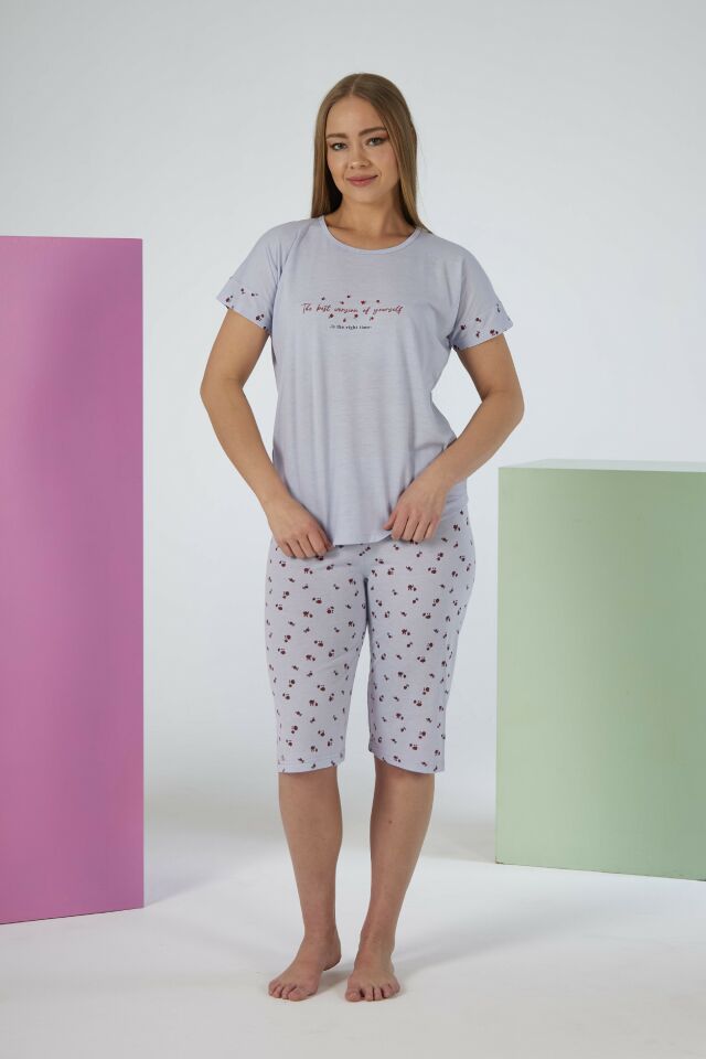 Kadın Yazlık Desenli Kısa Kollu Kaprili Viskon Pijama Takımı L - Gri