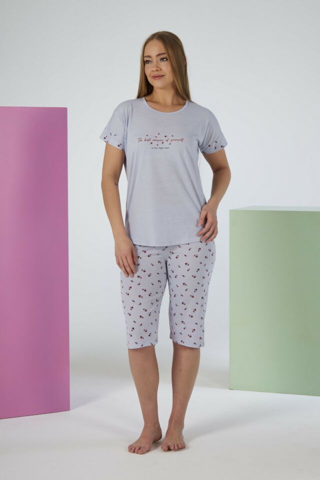 Kadın Yazlık Desenli Kısa Kollu Kaprili Viskon Pijama Takımı L - Gri