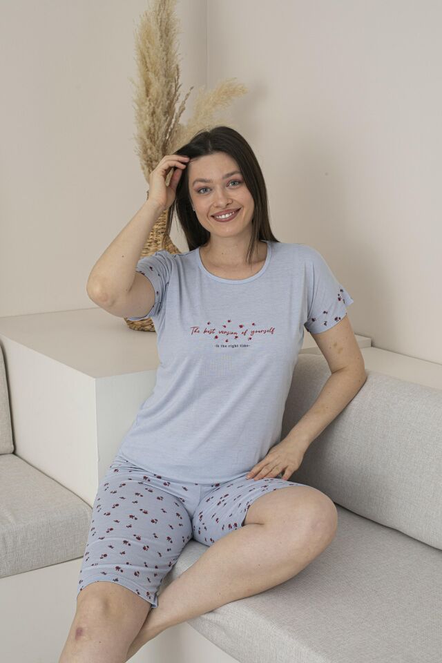 Kadın Yazlık Desenli Kısa Kollu Kaprili Viskon Pijama Takımı XL - Gri