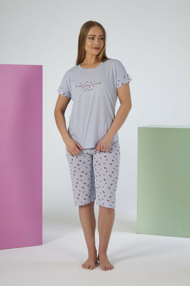 Kadın Yazlık Desenli Kısa Kollu Kaprili Viskon Pijama Takımı 2XL - Gri