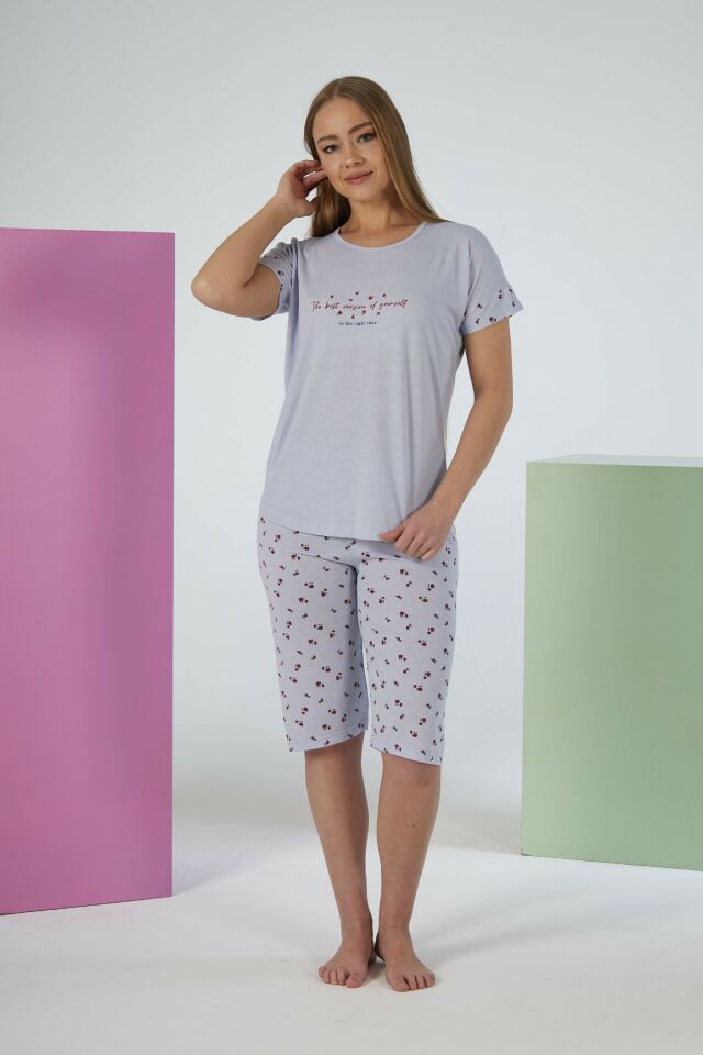 Kadın Yazlık Desenli Kısa Kollu Kaprili Viskon Pijama Takımı 2XL - Gri