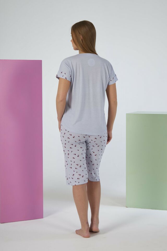 Kadın Yazlık Desenli Kısa Kollu Kaprili Viskon Pijama Takımı 2XL - Gri