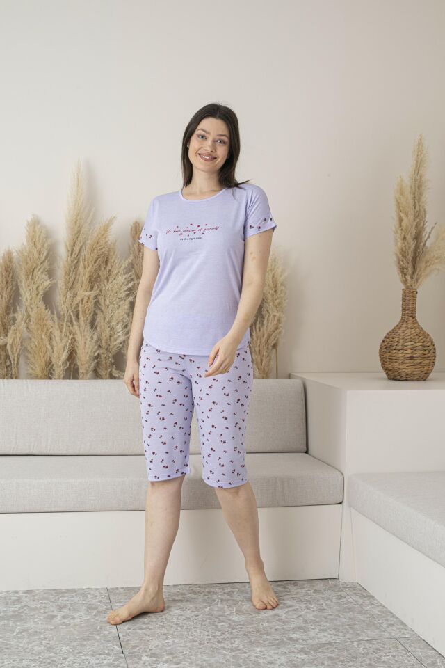 Kadın Yazlık Desenli Kısa Kollu Kaprili Viskon Pijama Takımı M - Lila